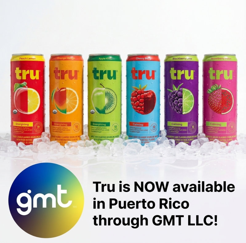 TRU functional sparkling water cans displayed for Puerto Rico supermarket distribution through Athena Marketing International.